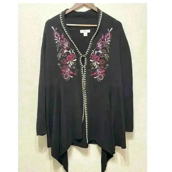 CJ Banks Womens Cardigan Sz‎ 1x Black Floral Embroidered Assymetrical Lagenlook - Picture 1 of 9